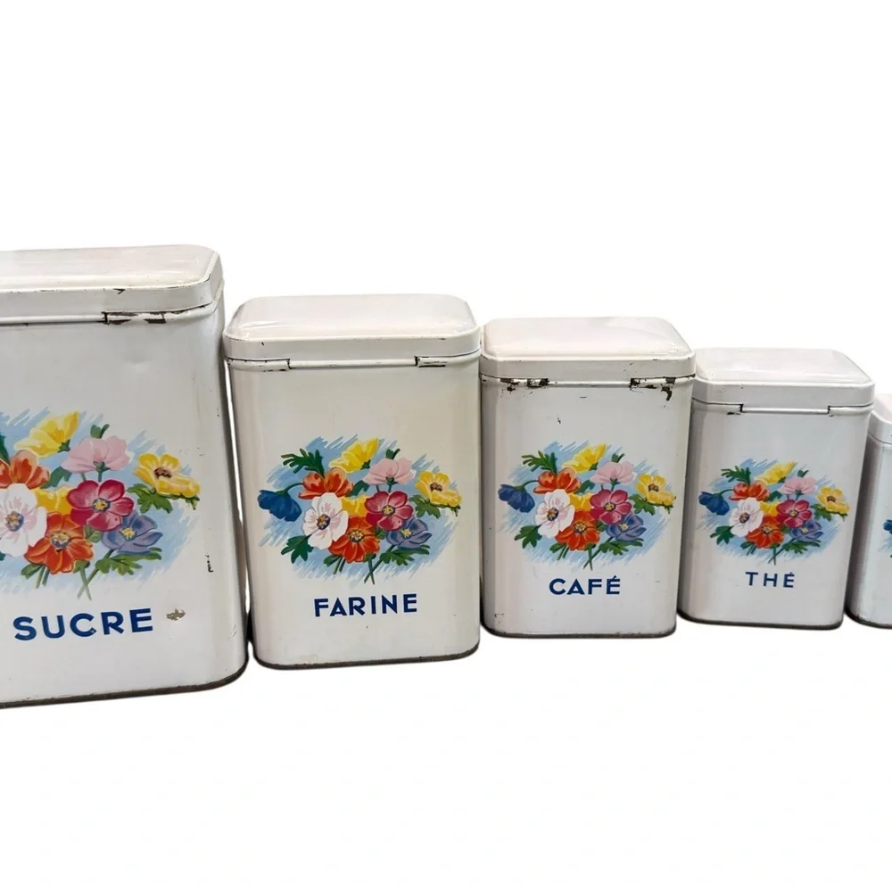 Antique kitchen Canisters Set of 5 Stackable  French 1920’s Tin With Lids As is